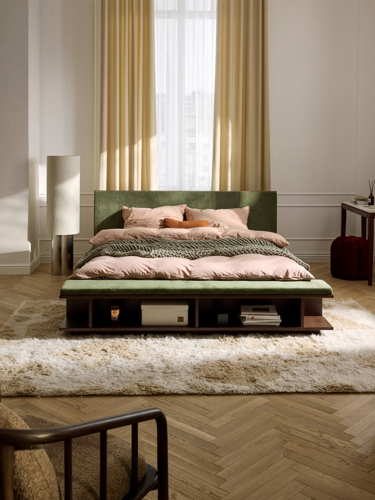 Clarvin Wooden Bed Frame with Bench and Side Shelves