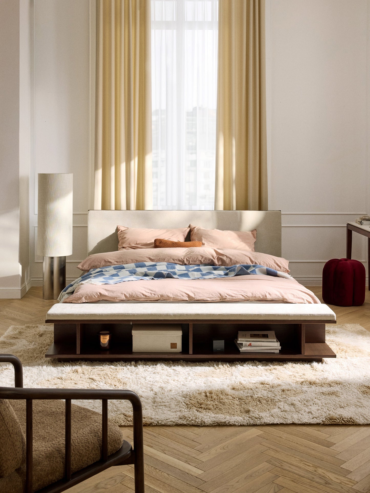 Clarvin Wooden Bed Frame with Bench and Side Shelves