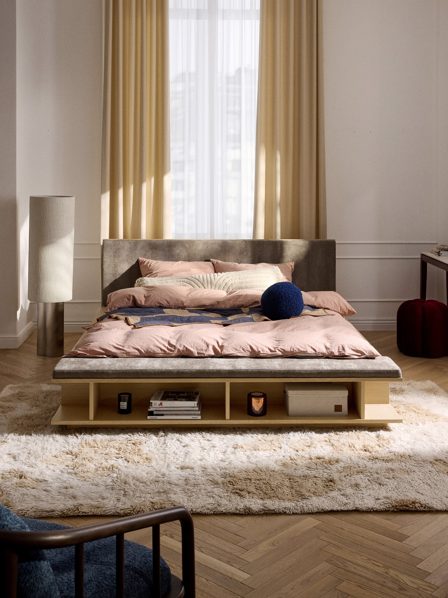 Clarvin Wooden Bed Frame with Bench and Side Shelves
