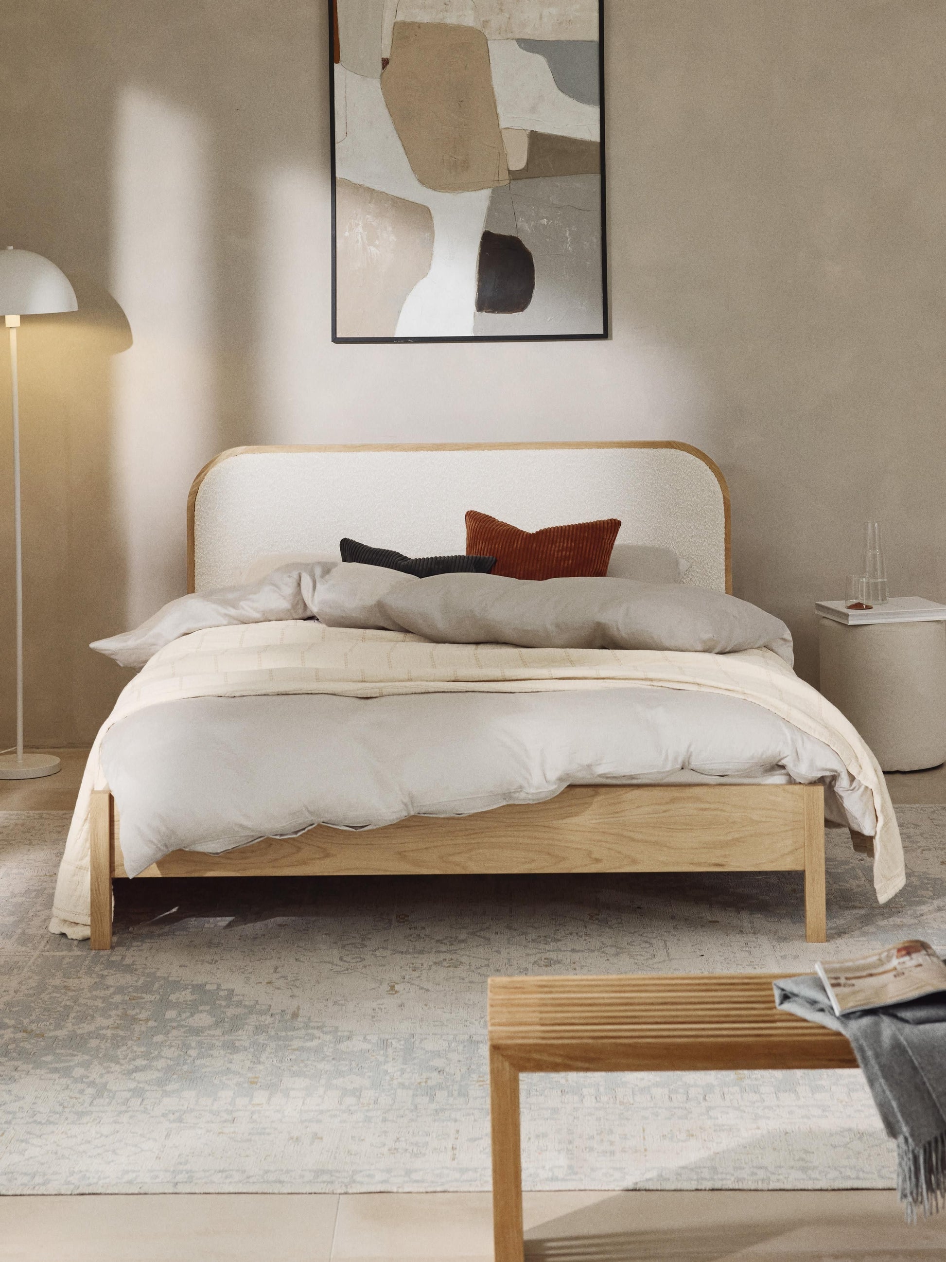 Jonquist Wooden Bed with Bouclé Headboard