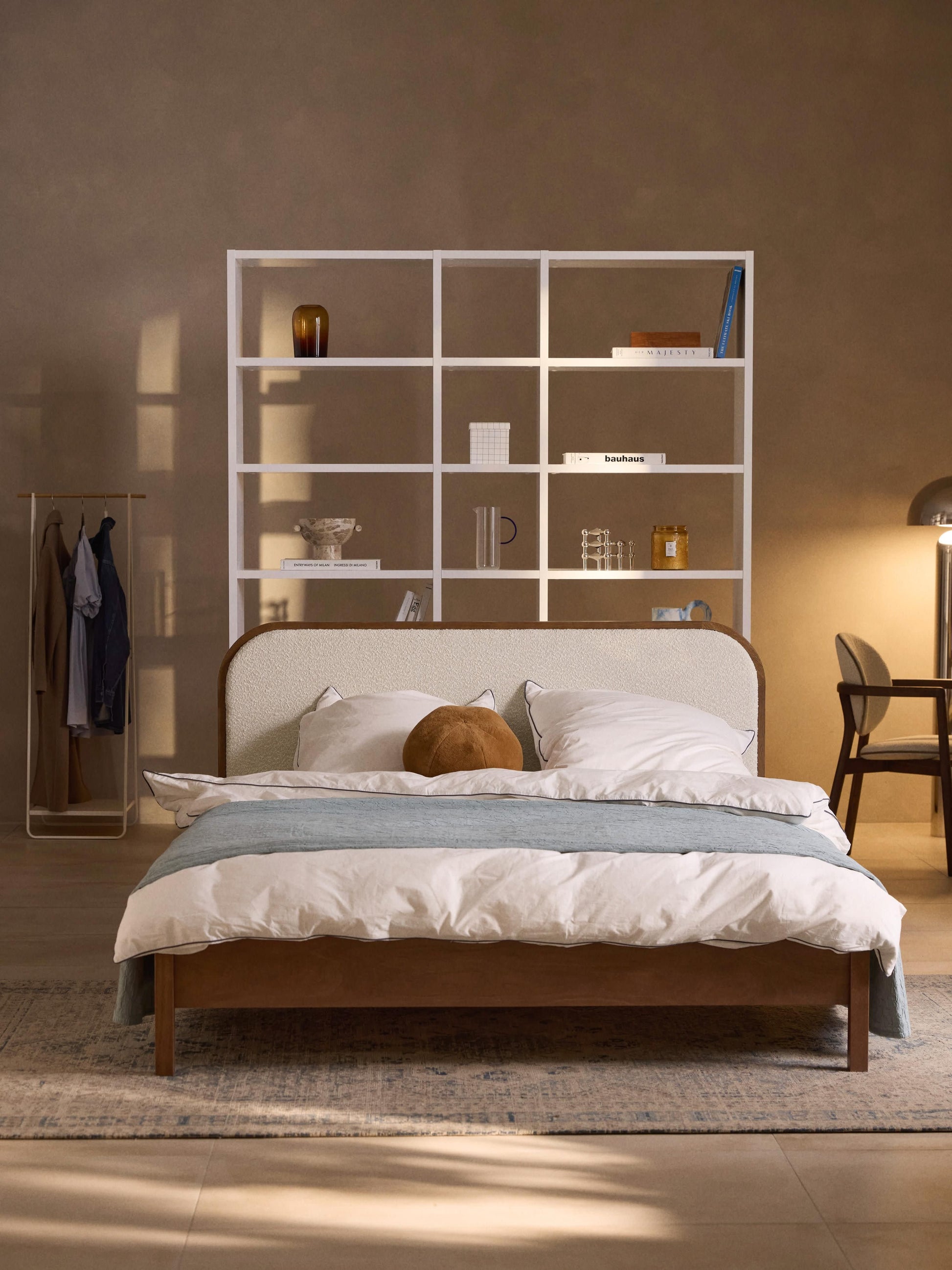 Jonquist Wooden Bed with Bouclé Headboard