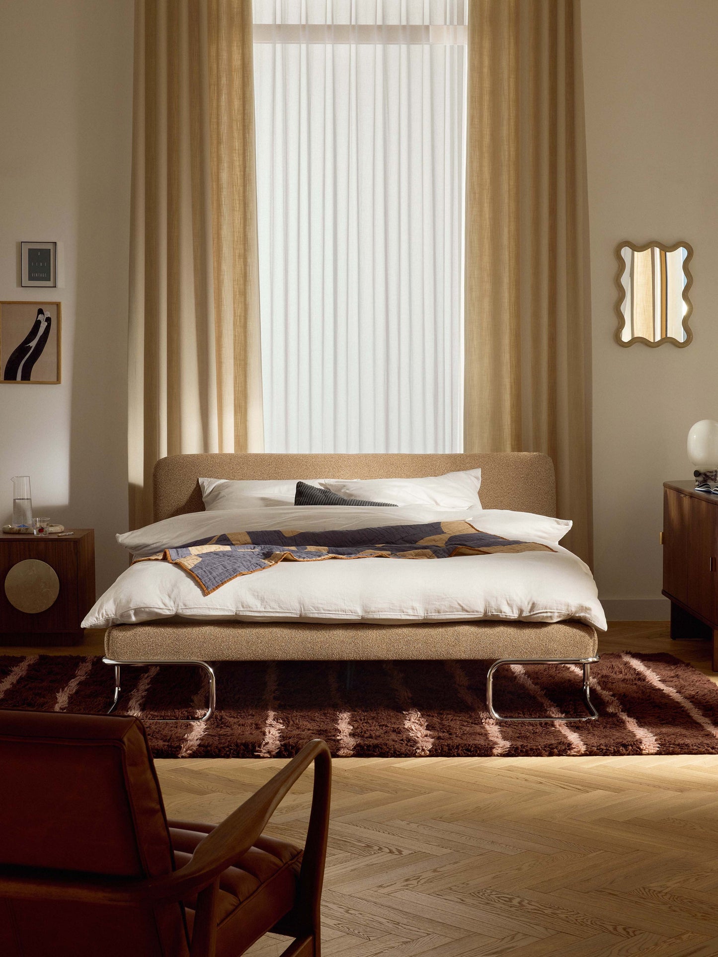 Olvenna Bouclé Upholstered Bed with Metal Legs