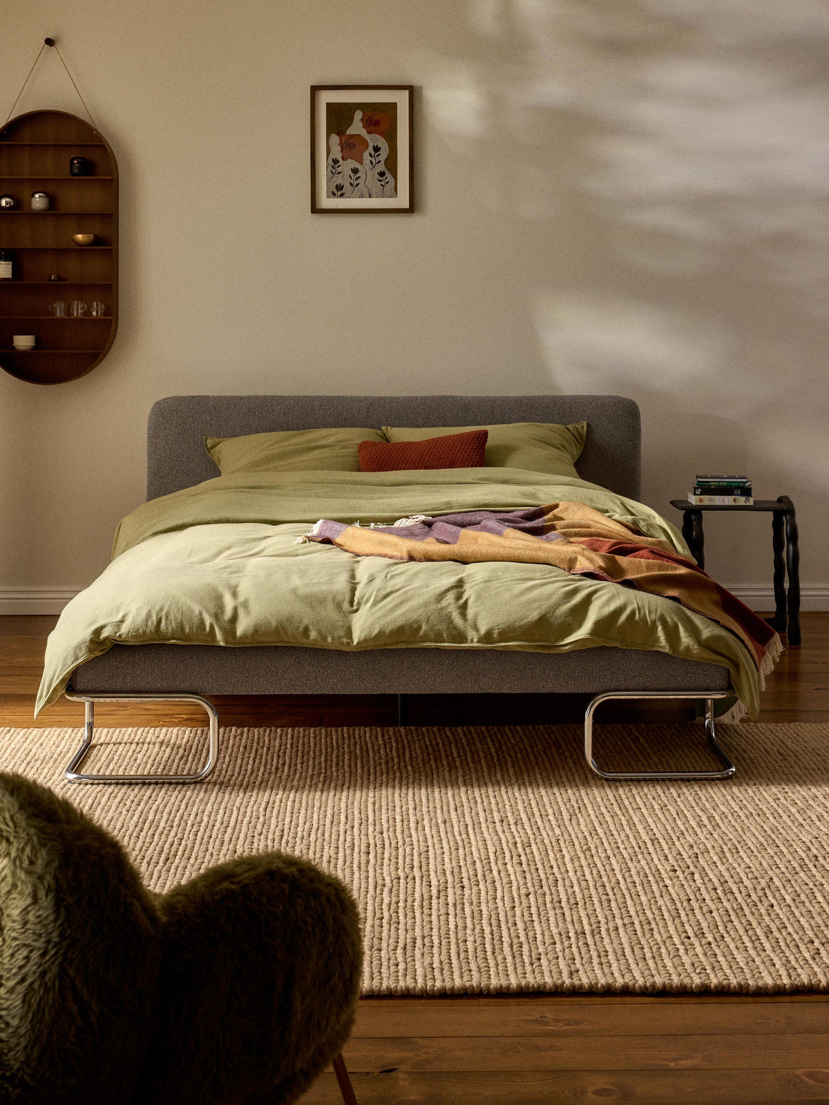 Olvenna Bouclé Upholstered Bed with Metal Legs