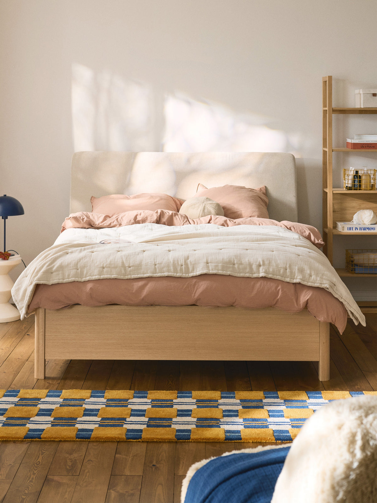 Santelo Wooden Bed with Upholstered Headboard and Drawers