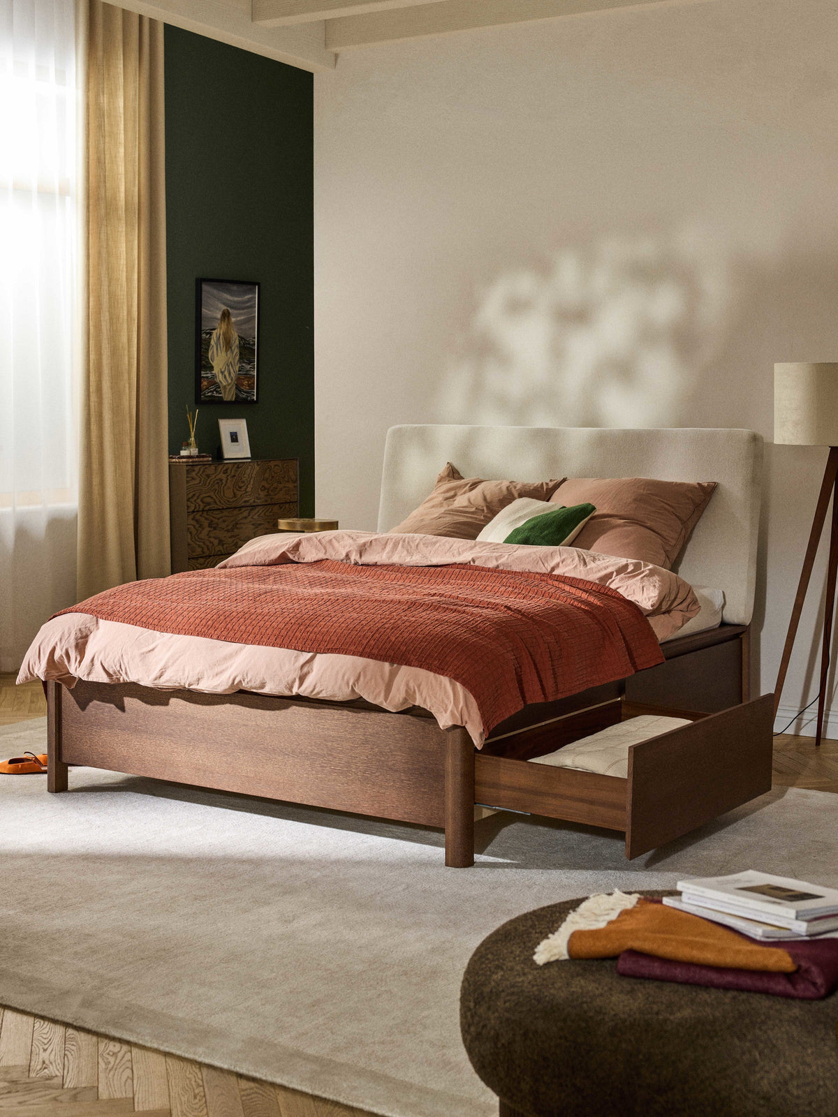 Santelo Wooden Bed with Upholstered Headboard and Drawers