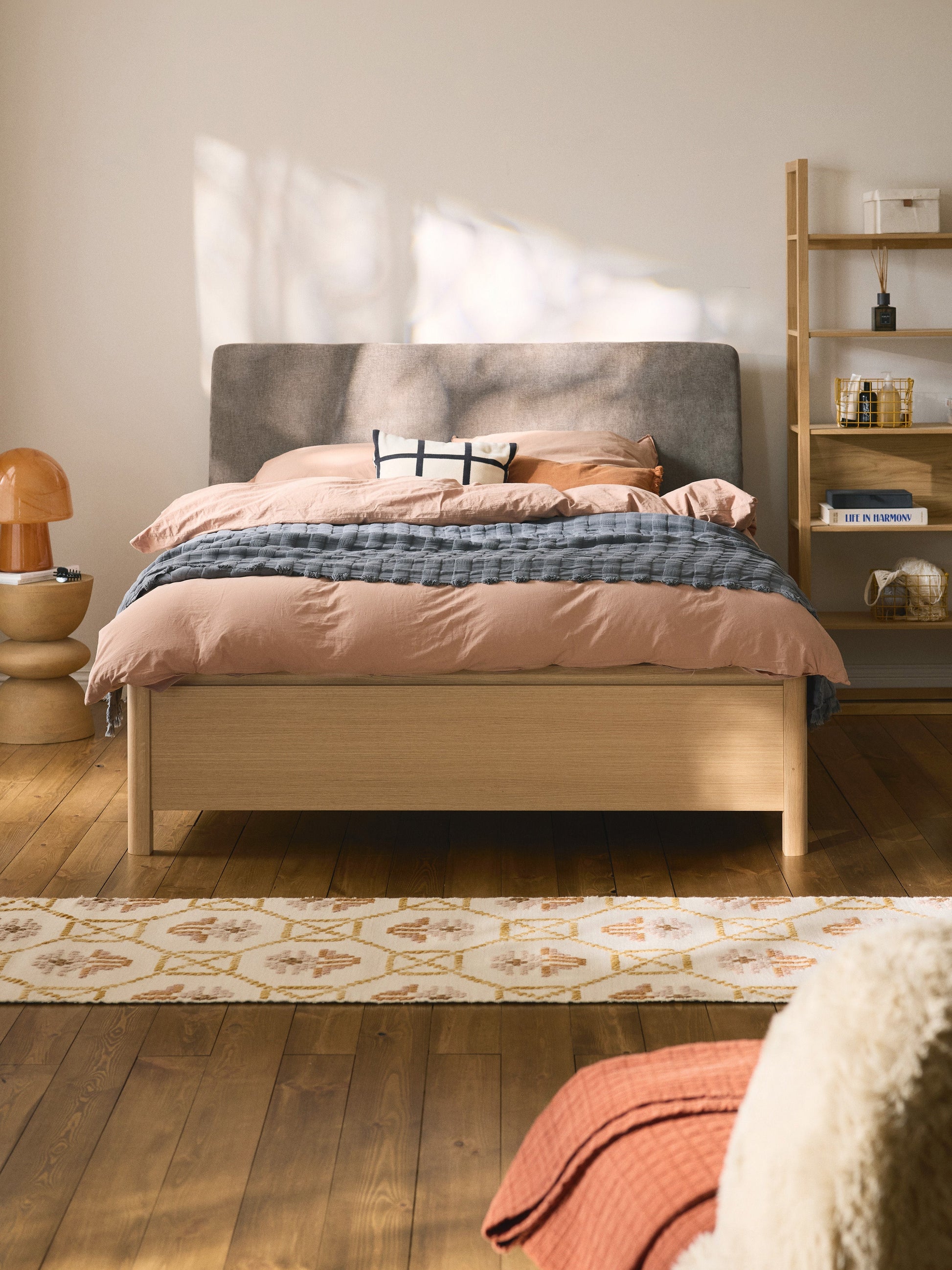 Santelo Wooden Bed with Upholstered Headboard and Drawers