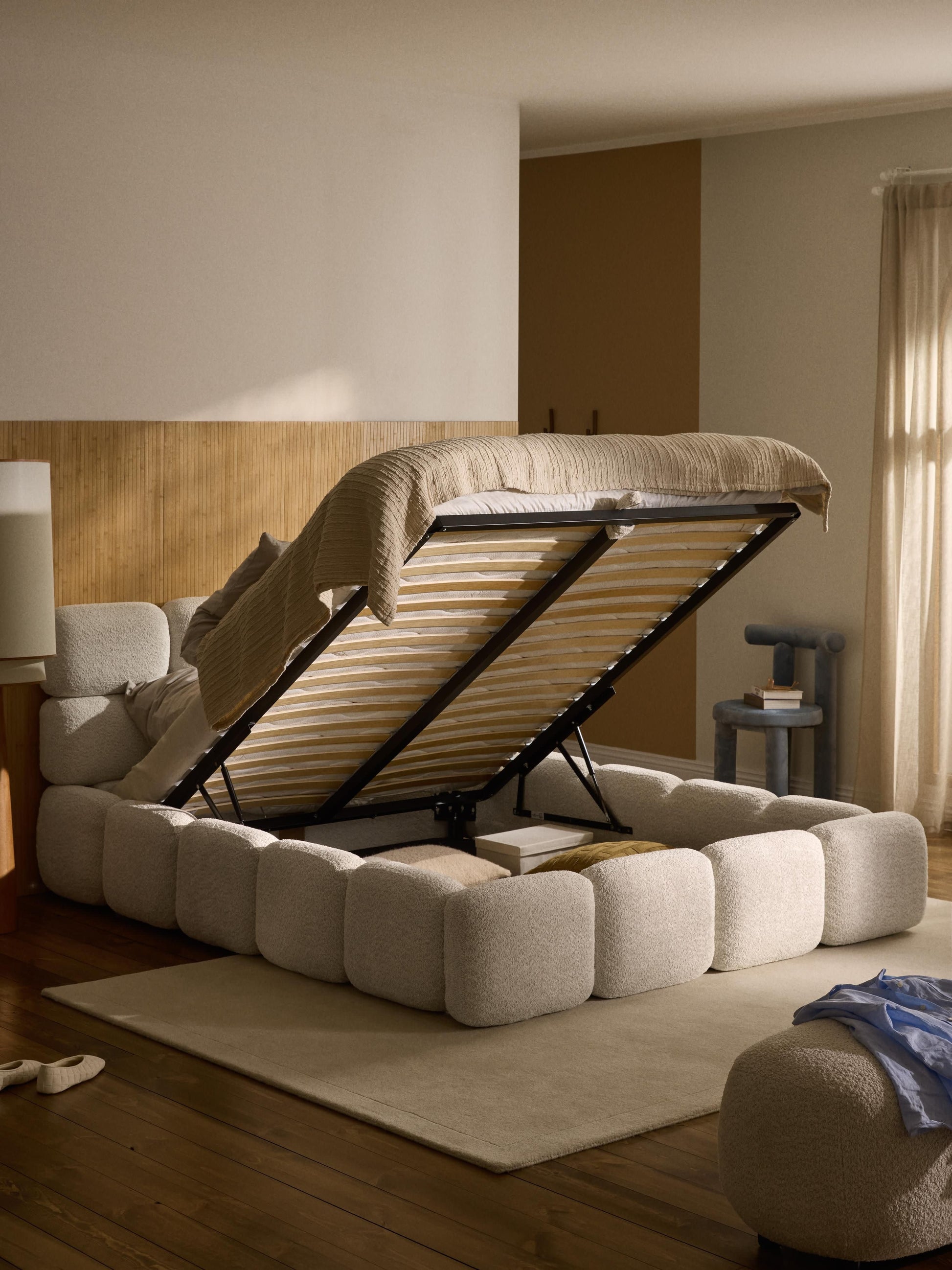 Taylena Upholstered Bed in Teddy Bouclé with Storage