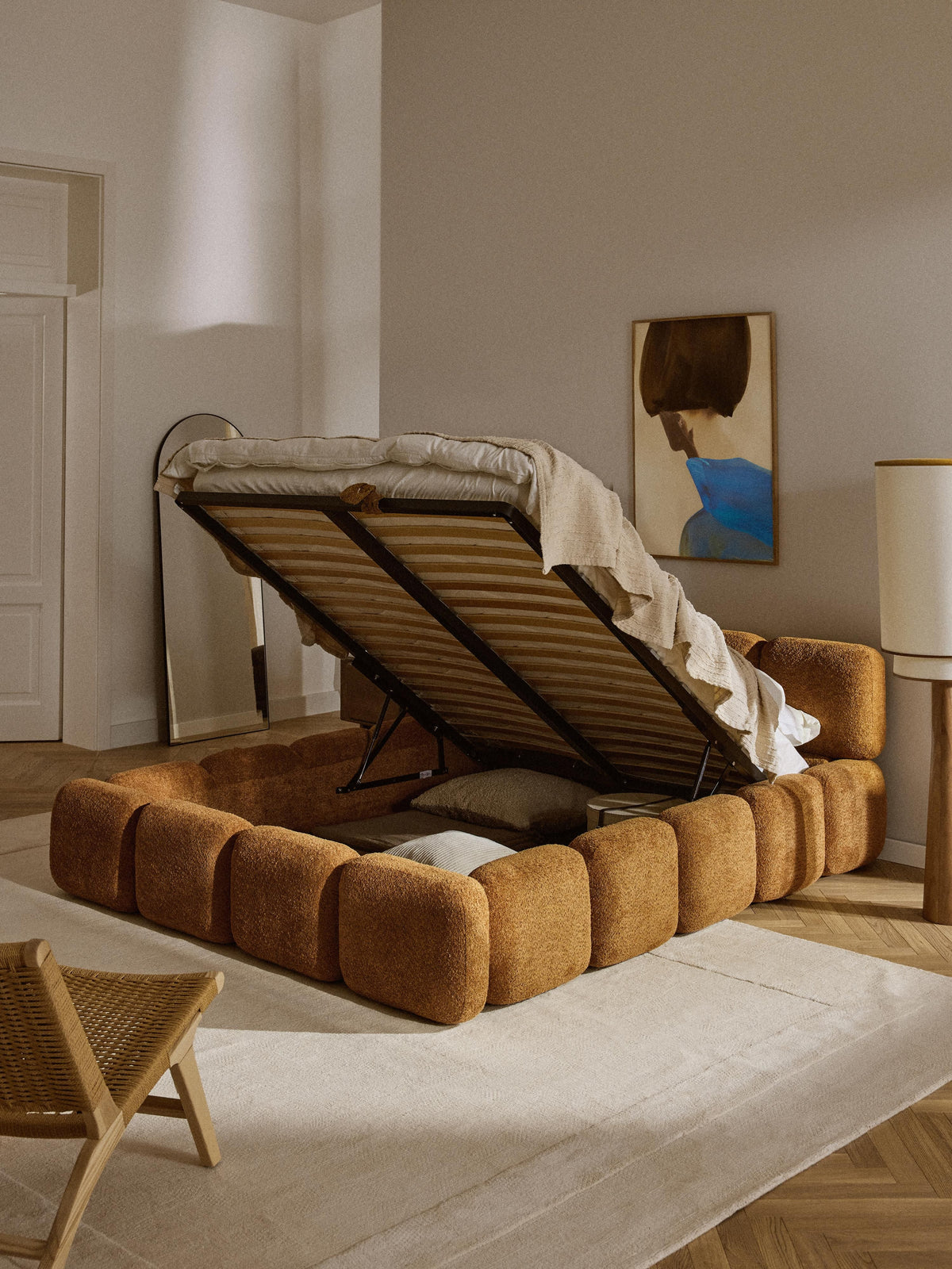 Taylena Upholstered Bed in Teddy Bouclé with Storage
